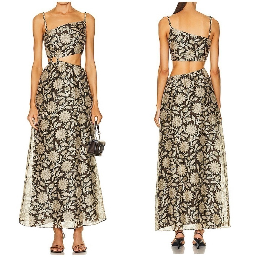 NWT Sir Xanita Floral Asymmetric Cotton Silk Maxi Dress Waist Cut Out Sz AU 4